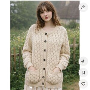 Blarney Woollen Mills Cream Cable-Knit 100% Pure Wool Button Front Cardigan